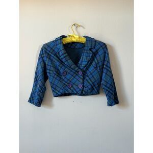 Vintage 60s Cropped Plaid Blue Purple Double Breasted Shacket Blouse Twee XS